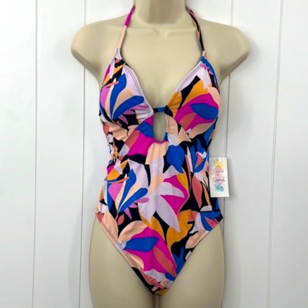 NWOT "Sugar Beach" One Piece Swimsuit Floral Adjustable Straps Criss Cross Tie